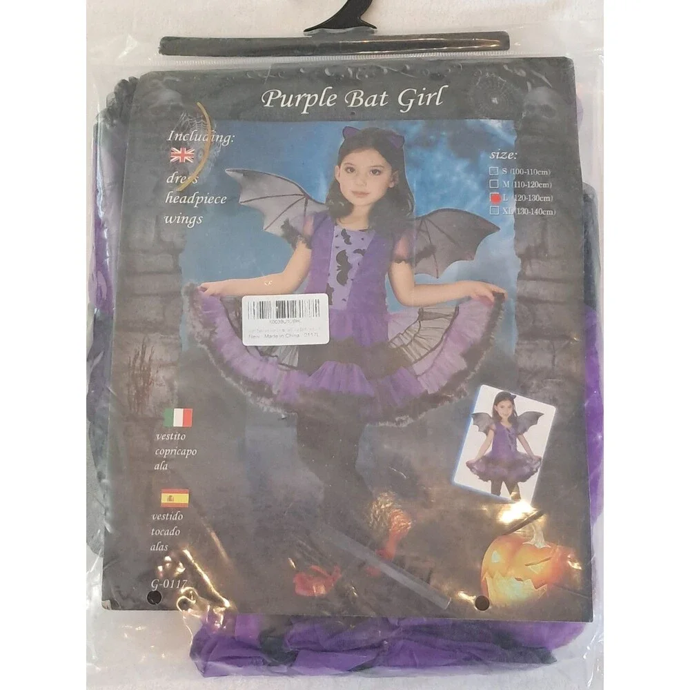 NEW Purple Bat Girl Size L Halloween Costume Dress Wings Headpiece Party
